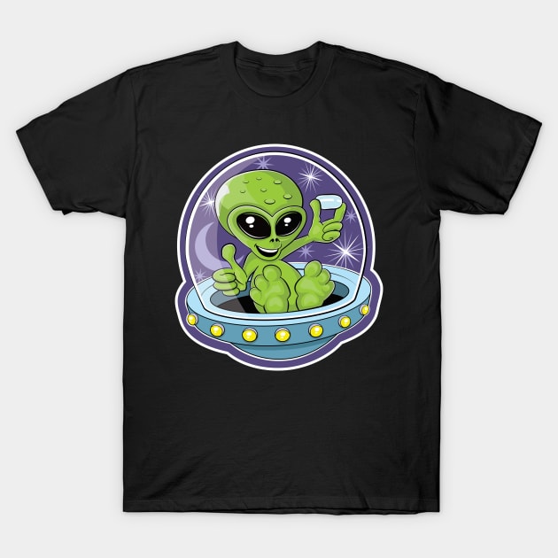 Illustration of a cute alien holding candy in a flying saucer T-Shirt by RobiMerch